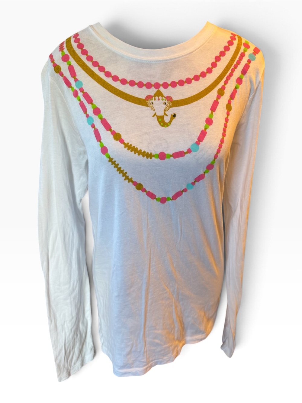 Snappy Turtle White Long-Sleeve Tee with Pink & Gold Necklace Print